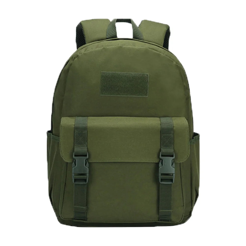 Green backpack with a patch on a white background