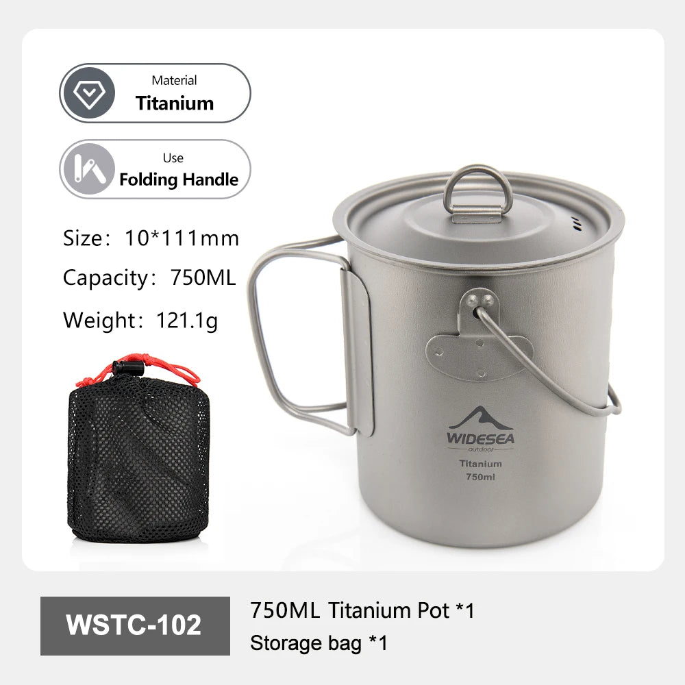 A 750ML titanium camping pot with a lid and folding handle, shown alongside a black mesh storage bag on a white background with product specifications and branding.