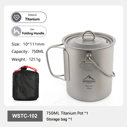 A 750ML titanium camping pot with a lid and folding handle, shown alongside a black mesh storage bag on a white background with product specifications and branding.