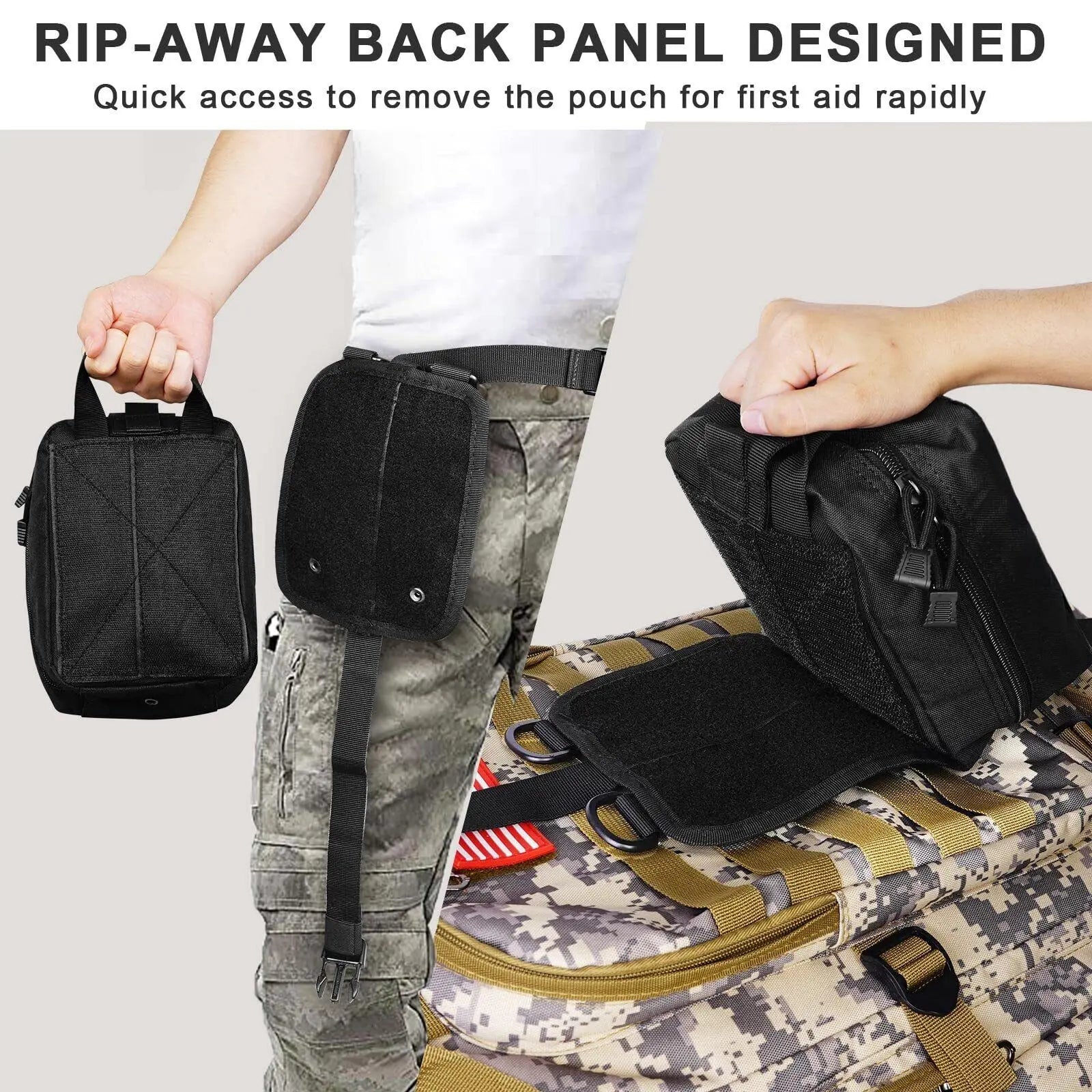 Person removing a black pouch from a camouflage backpack with text about a rip-away back panel.