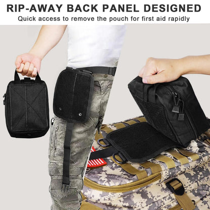 Person removing a black pouch from a camouflage backpack with text about a rip-away back panel.