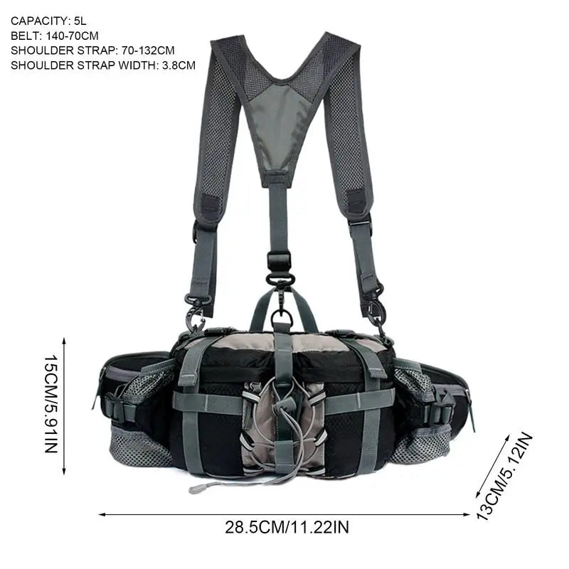 Black and gray tactical belt bag with shoulder straps, shown on a white background with dimension lines and text indicating measurements and 5L capacity.