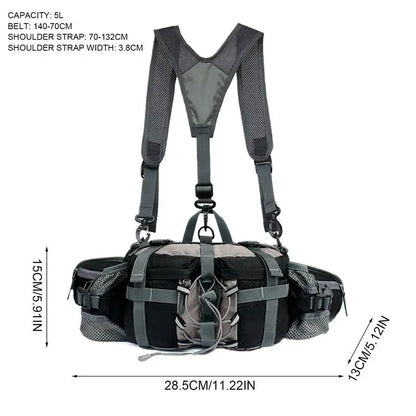 Black and gray tactical belt bag with shoulder straps, shown on a white background with dimension lines and text indicating measurements and 5L capacity.