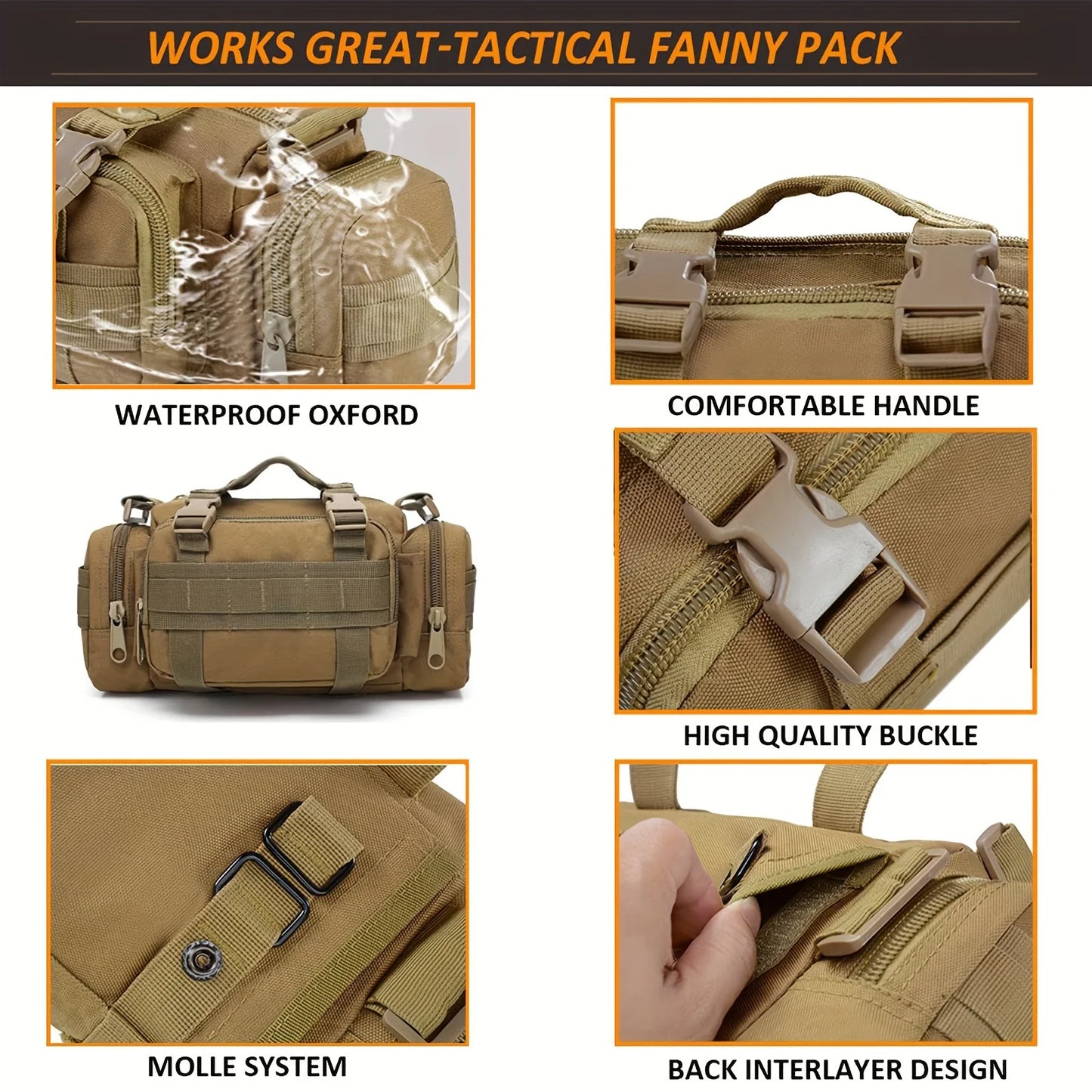 Tactical fanny pack with various features highlighted on a white background