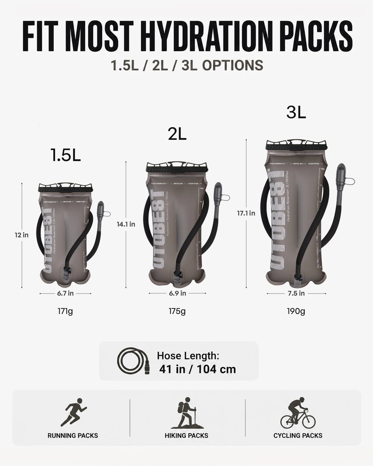 A size and capacity comparison chart for Utopu hydration packs, showing three models: 1.5L, 2L, and 3L.