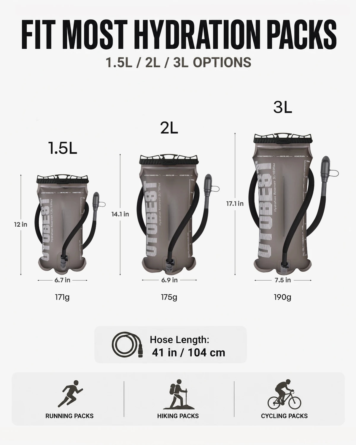 A size and capacity comparison chart for Utopu hydration packs, showing three models: 1.5L, 2L, and 3L.