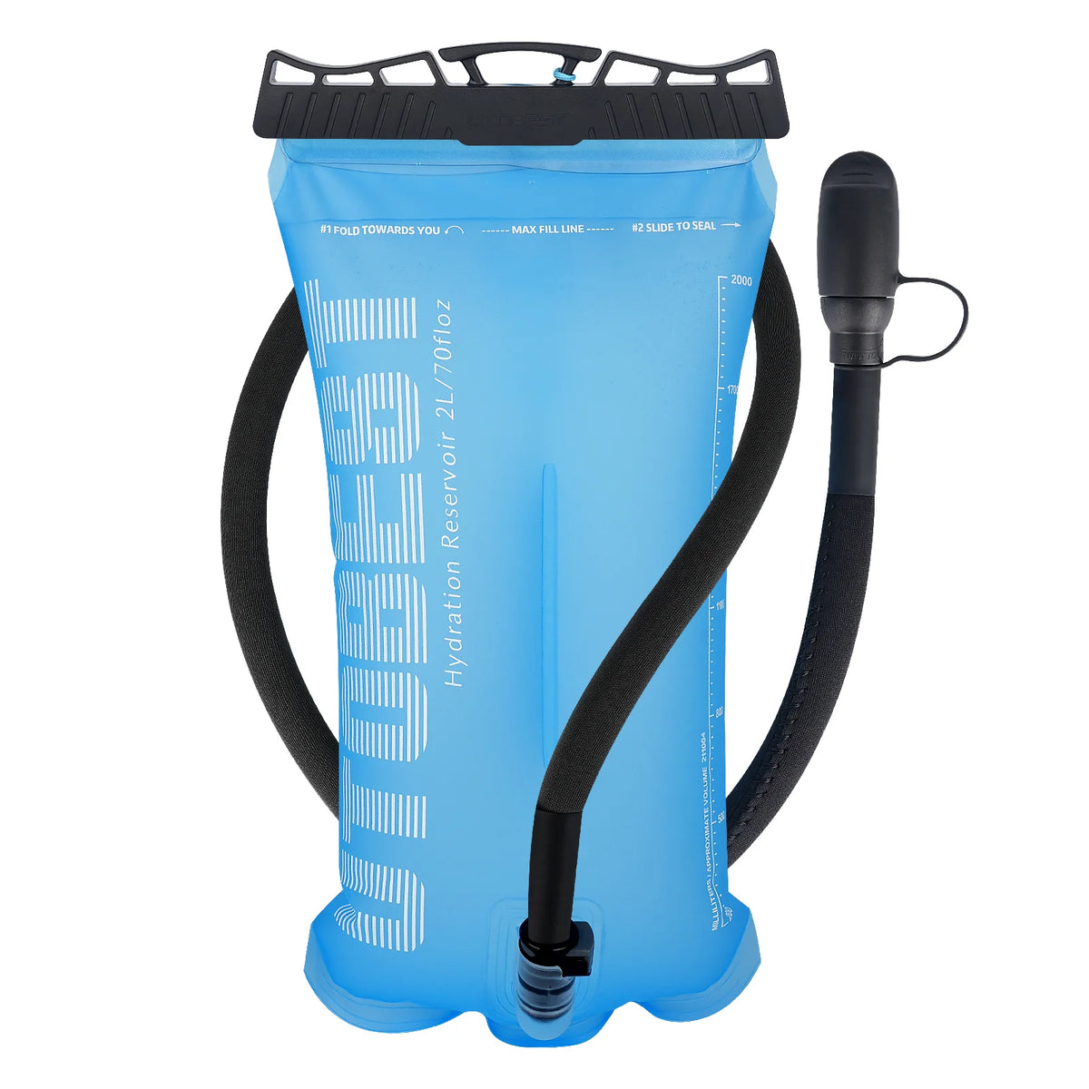 Blue hydration reservoir with black valve and hose on a white background