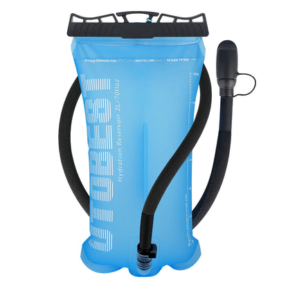 Blue hydration reservoir with black valve and hose on a white background