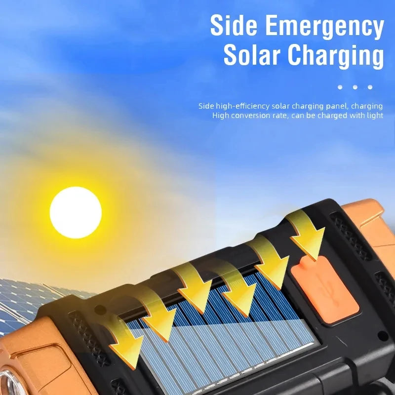Solar charging panel with sun and blue sky in the background, text 'Side Emergency Solar Charging'.