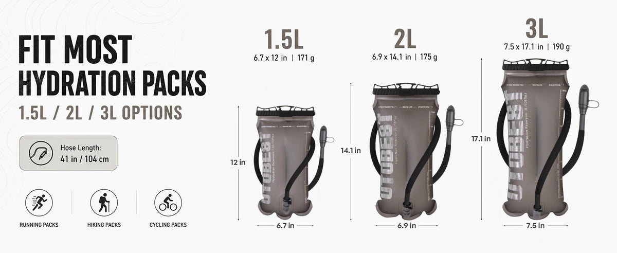 Three hydration packs with dimensions and capacity labels on a white background
