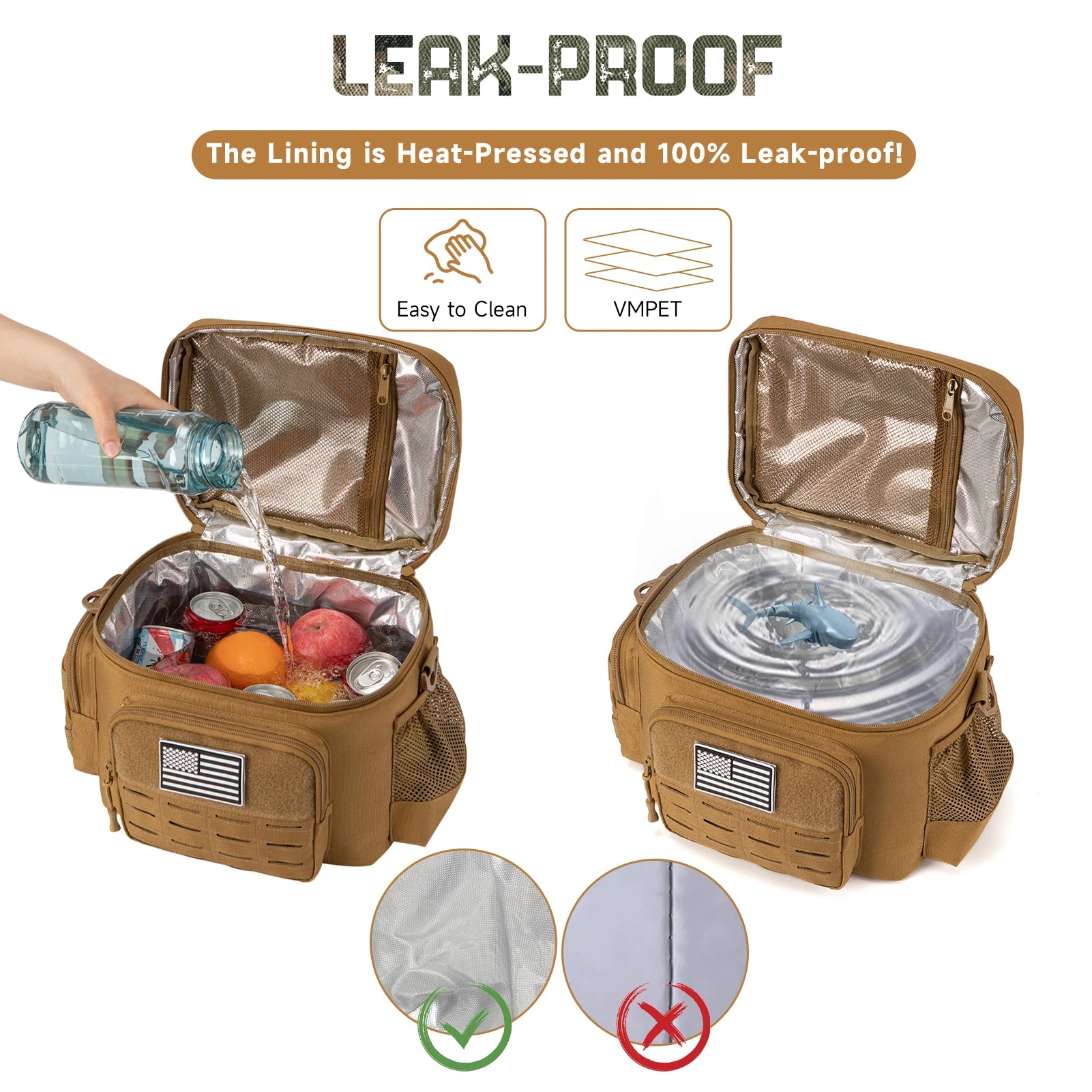 Brown leak-proof cooler bag with food and drinks, showing its effectiveness against water spillage.