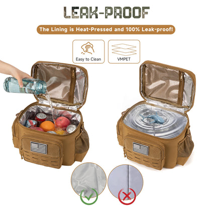 Brown leak-proof cooler bag with food and drinks, showing its effectiveness against water spillage.
