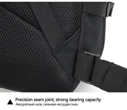Black tactical backpack with mesh design and precision seam joint on a white background