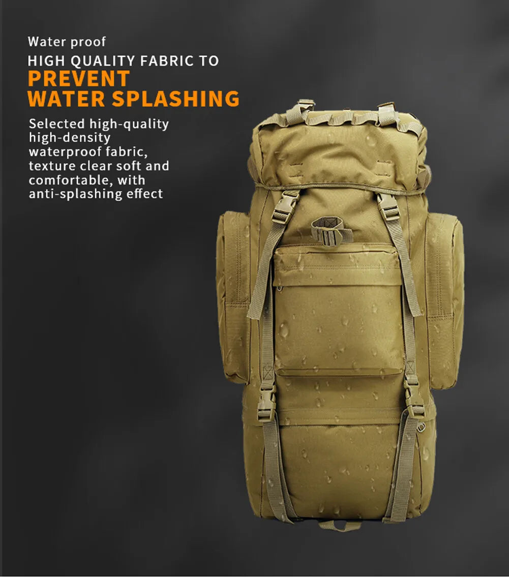 Tan backpack with text highlighting waterproof fabric on a dark background