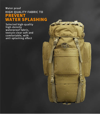 Tan backpack with text highlighting waterproof fabric on a dark background