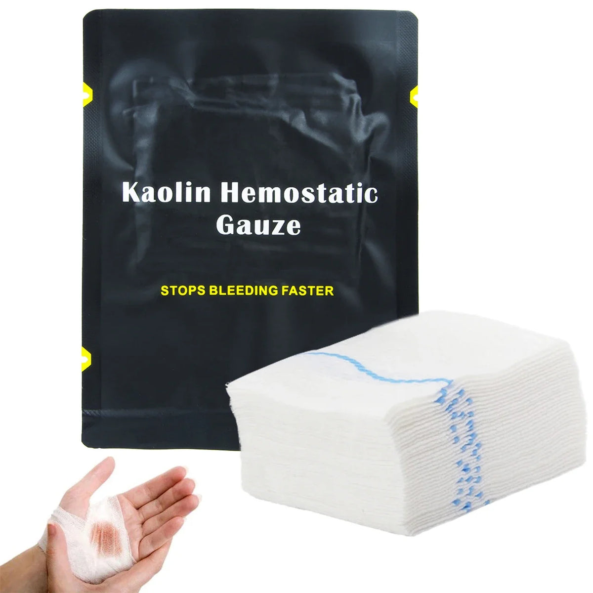 Kaolin Hemostatic Gauze packaging with gauze and hand application on a white background
