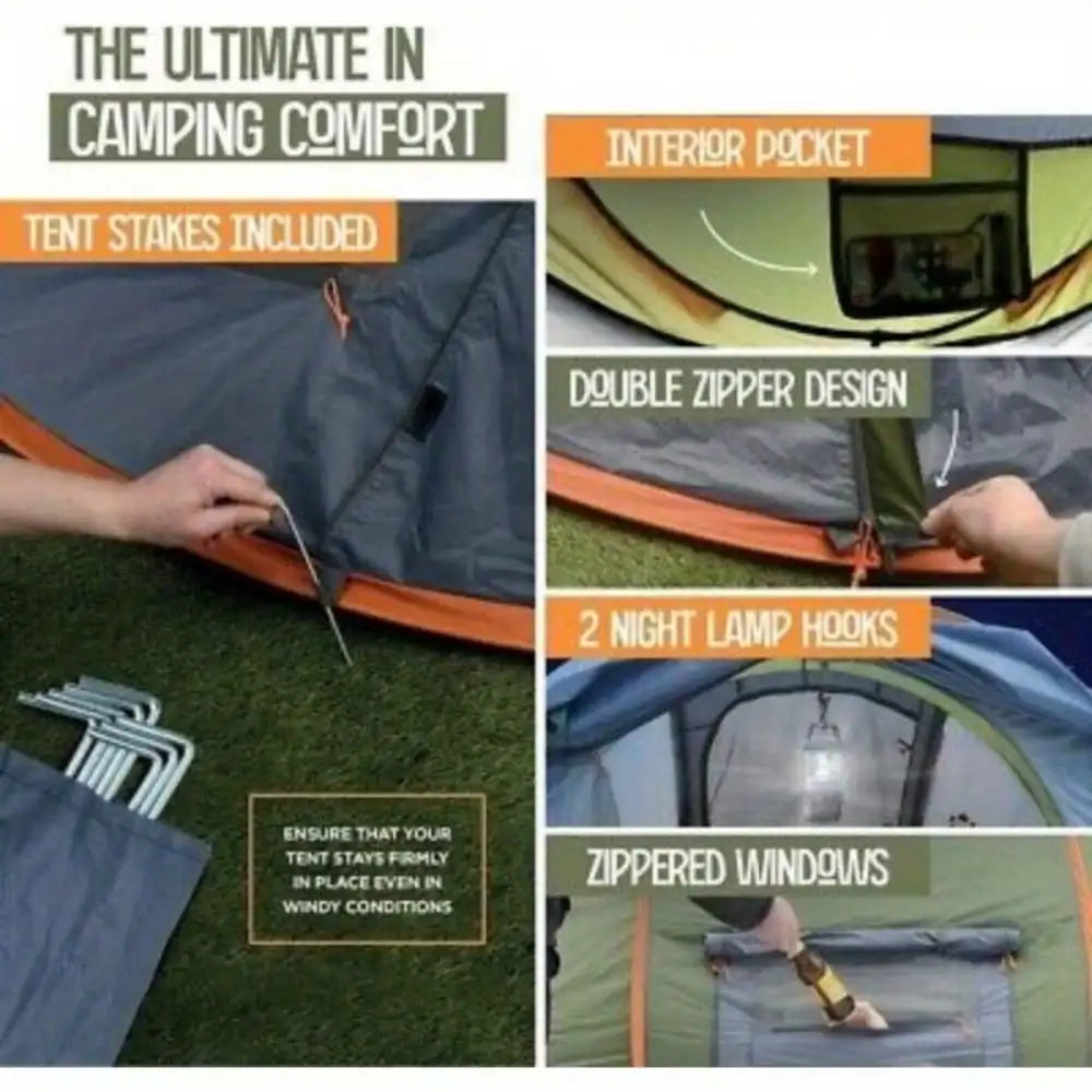 Camping tent features with text highlighting comfort and included items.