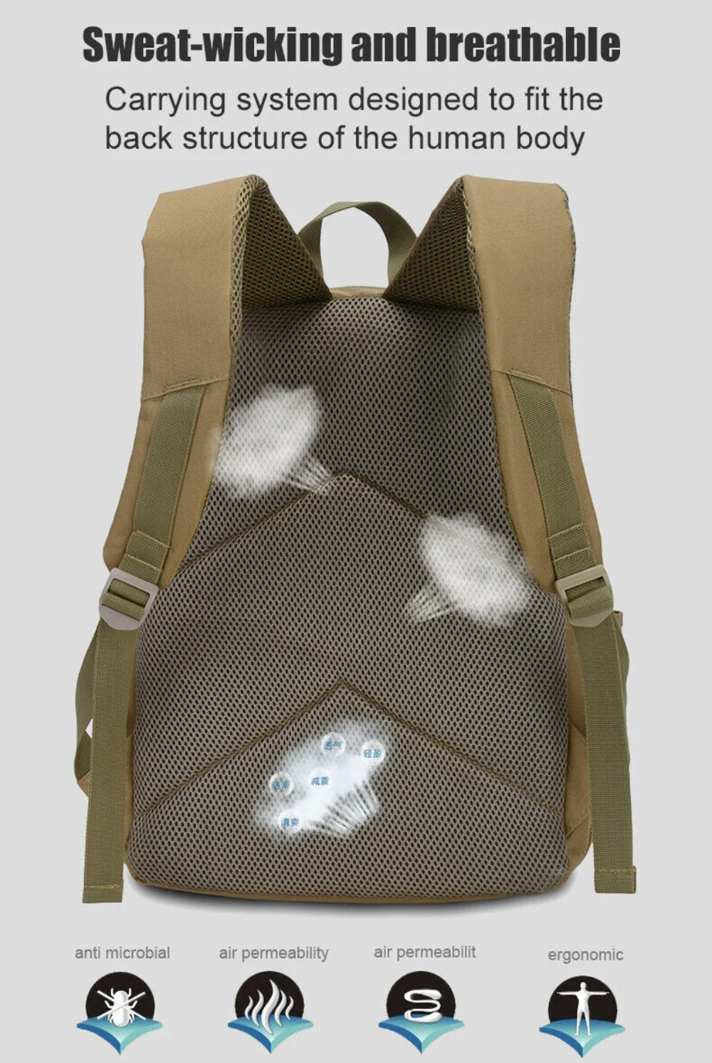 Backpack with sweat-wicking and breathable features on a light gray background
