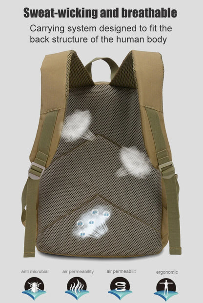 Backpack with sweat-wicking and breathable features on a light gray background
