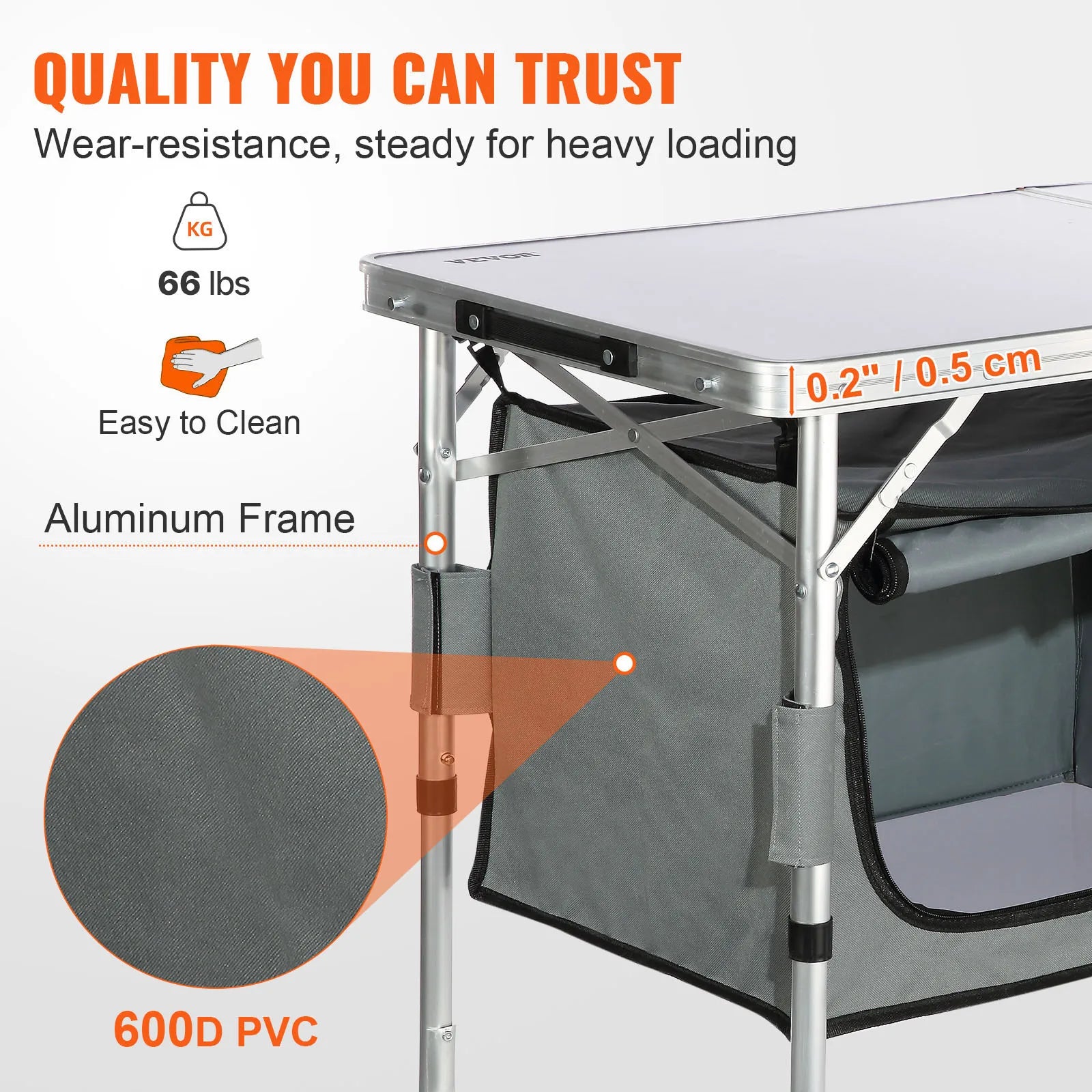 Foldable table with features highlighted on a white background