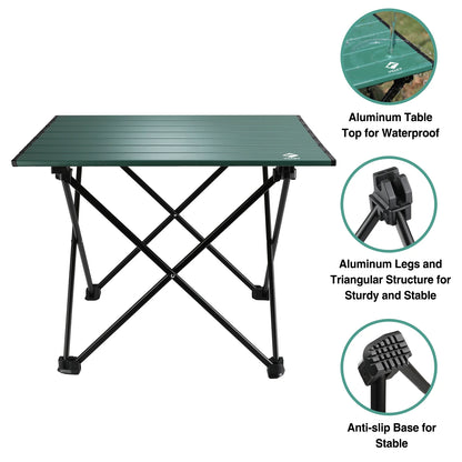 Green camping table with features highlighted on a white background