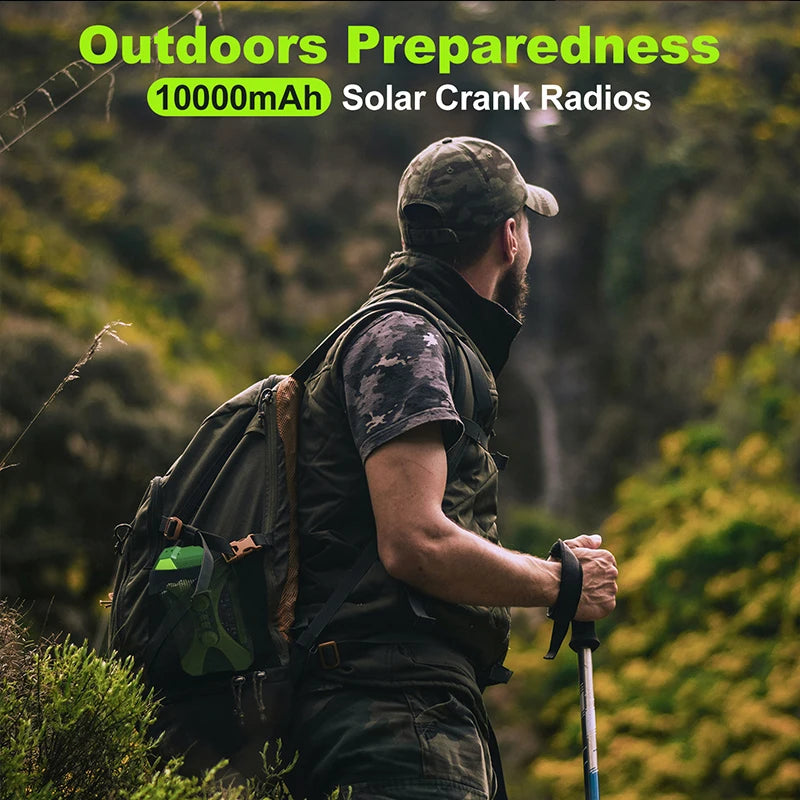 Man hiking with a backpack and solar crank radio in a forest setting
