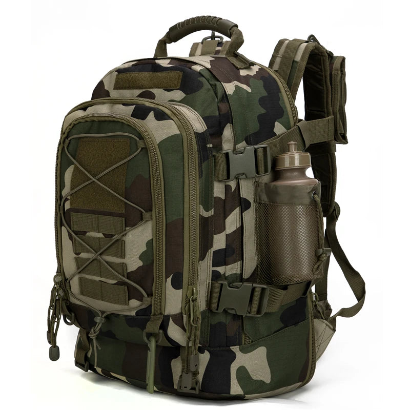 Camouflage backpack with multiple pockets and a water bottle holder on a white background