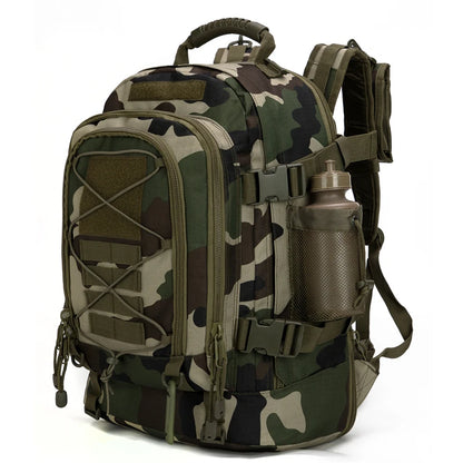 Camouflage backpack with multiple pockets and a water bottle holder on a white background