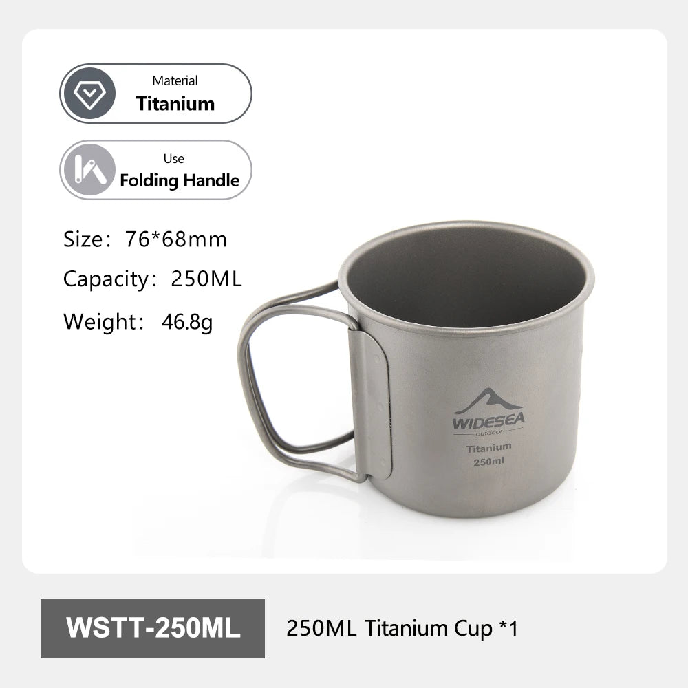 A 250ML titanium camping cup with a folding handle, shown on a white background with product information text. The cup is metallic gray with the WIDESEA logo printed on the side.