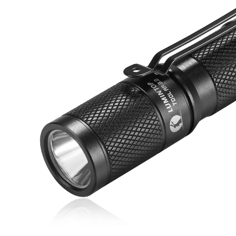 Black flashlight with brand logo on a white background