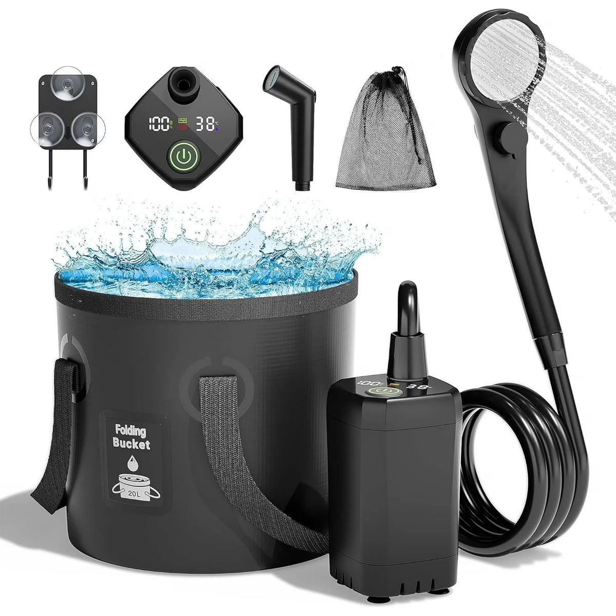 Portable folding bucket shower system with a black collapsible bucket, handheld shower head, black pump, hose, filter strainer, and mesh cleaning bag, shown on a white background with water splashing into the bucket.