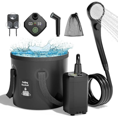 Portable folding bucket shower system with a black collapsible bucket, handheld shower head, black pump, hose, filter strainer, and mesh cleaning bag, shown on a white background with water splashing into the bucket.