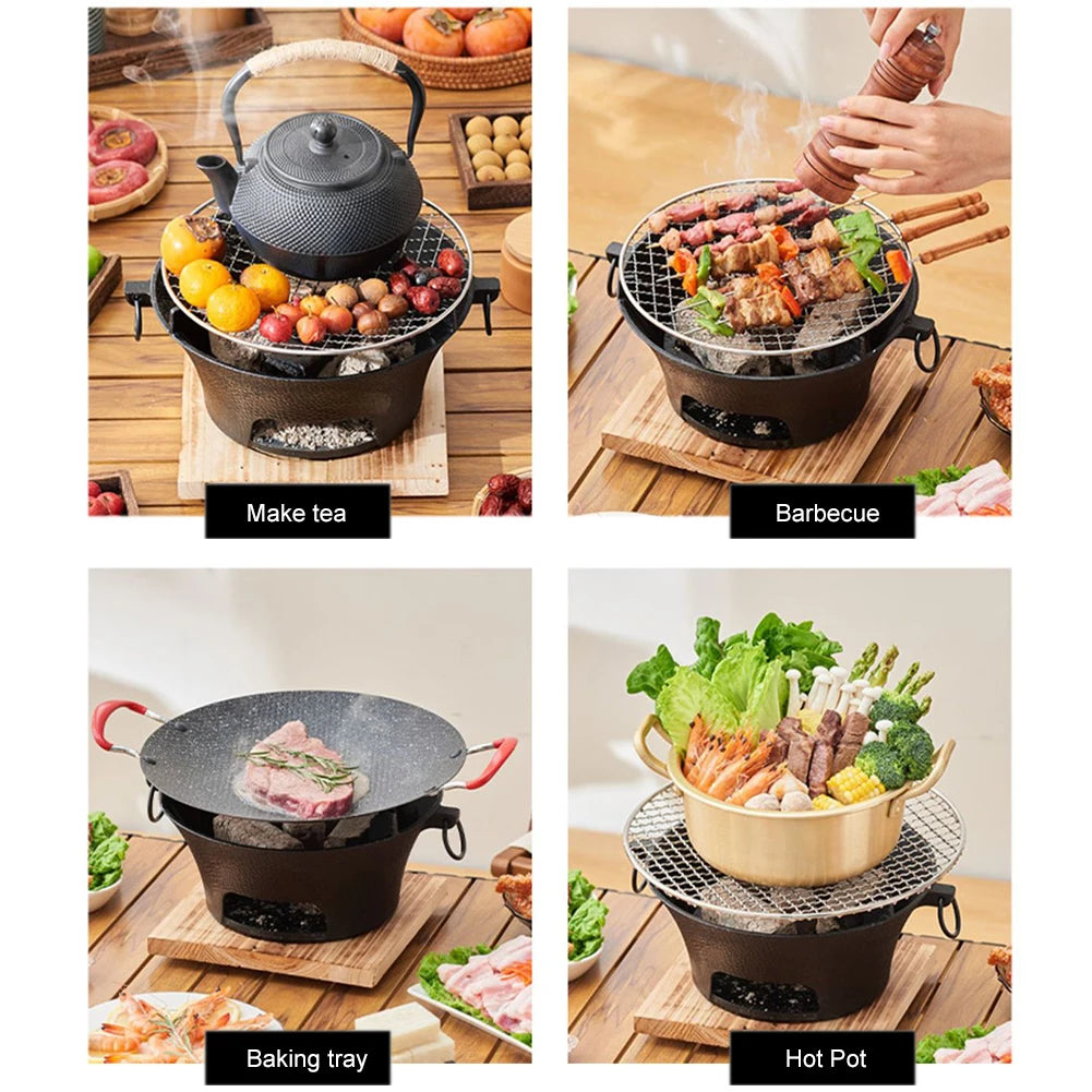 Multifunctional cooking pot used for making tea, barbecuing, baking, and hot pot on a wooden table.