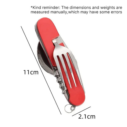 A red and silver multi-tool pocket knife with a fork and corkscrew, shown with dimension lines and text indicating measurements of 11cm length and 2.1cm width, plus a reminder about manual measurement errors.