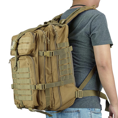 Person wearing a large brown tactical backpack on a white background