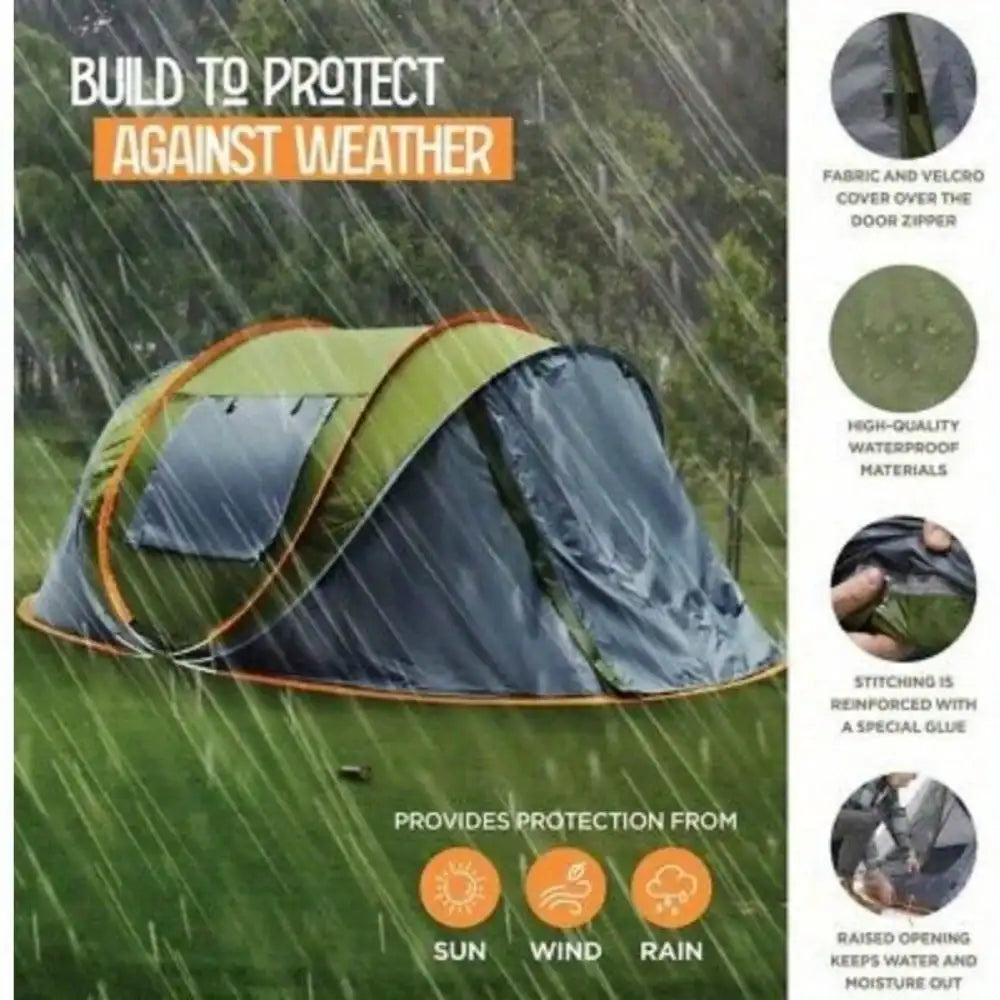 Camping tent with rain protection features and text on a green background