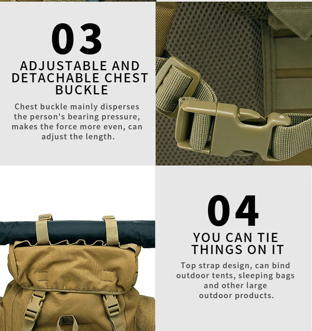 Adjustable and detachable chest buckle on a backpack with text explaining its features.