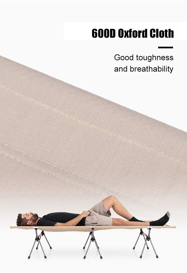 Person lying on a camping cot with 'GOOD Oxford Cloth' text highlighting toughness and breathability.
