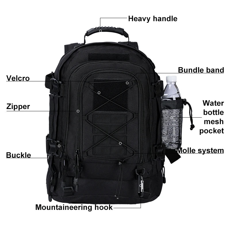 Black backpack with labeled features on a white background