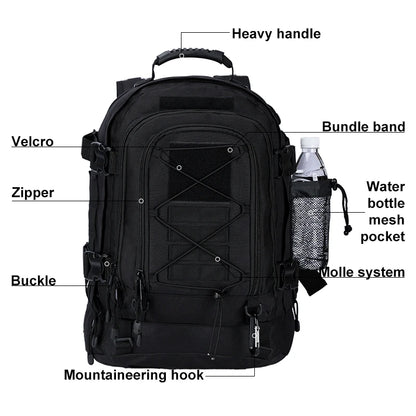 Black backpack with labeled features on a white background