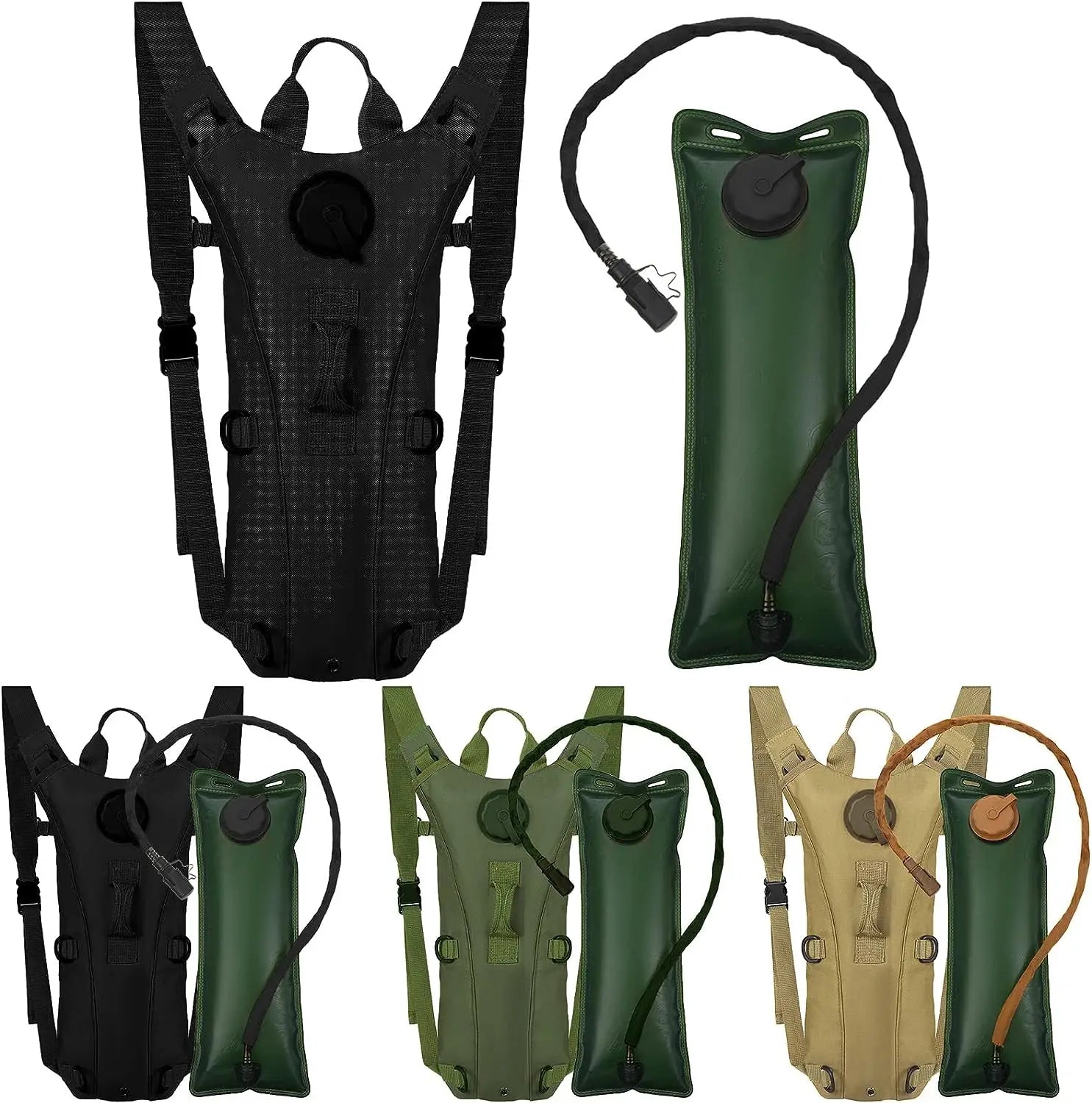 Collection of black, green, and beige hydration packs on a white background