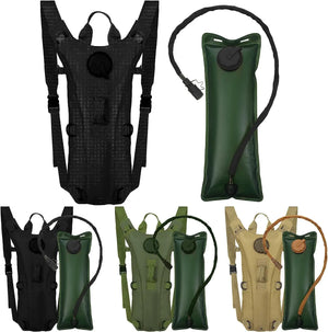 Collection of black, green, and beige hydration packs on a white background