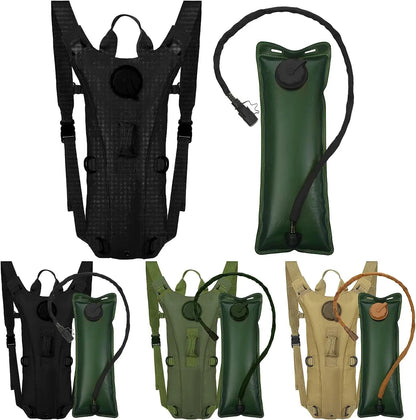 Collection of black, green, and beige hydration packs on a white background