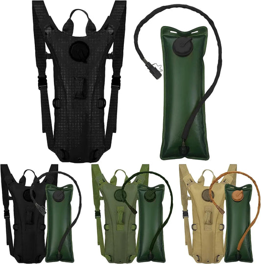 Collection of black, green, and beige hydration packs on a white background