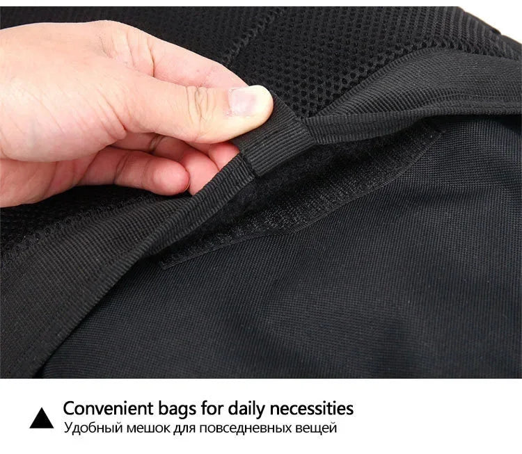 Close-up of a black bag with a hand touching the fabric, featuring text about convenient bags for daily necessities.