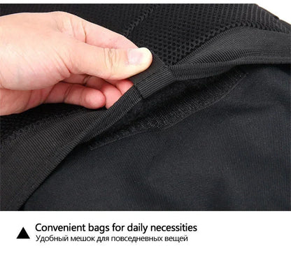Close-up of a black bag with a hand touching the fabric, featuring text about convenient bags for daily necessities.
