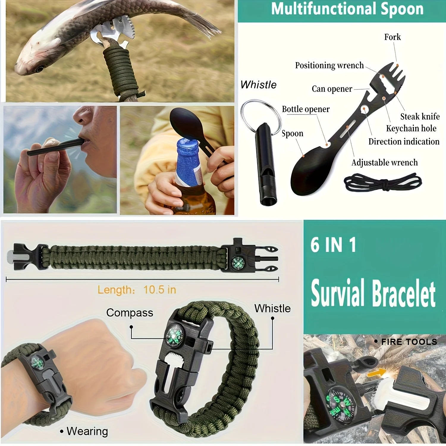 Multifunctional spoon with various tools and a 6-in-1 survival bracelet on a white background.