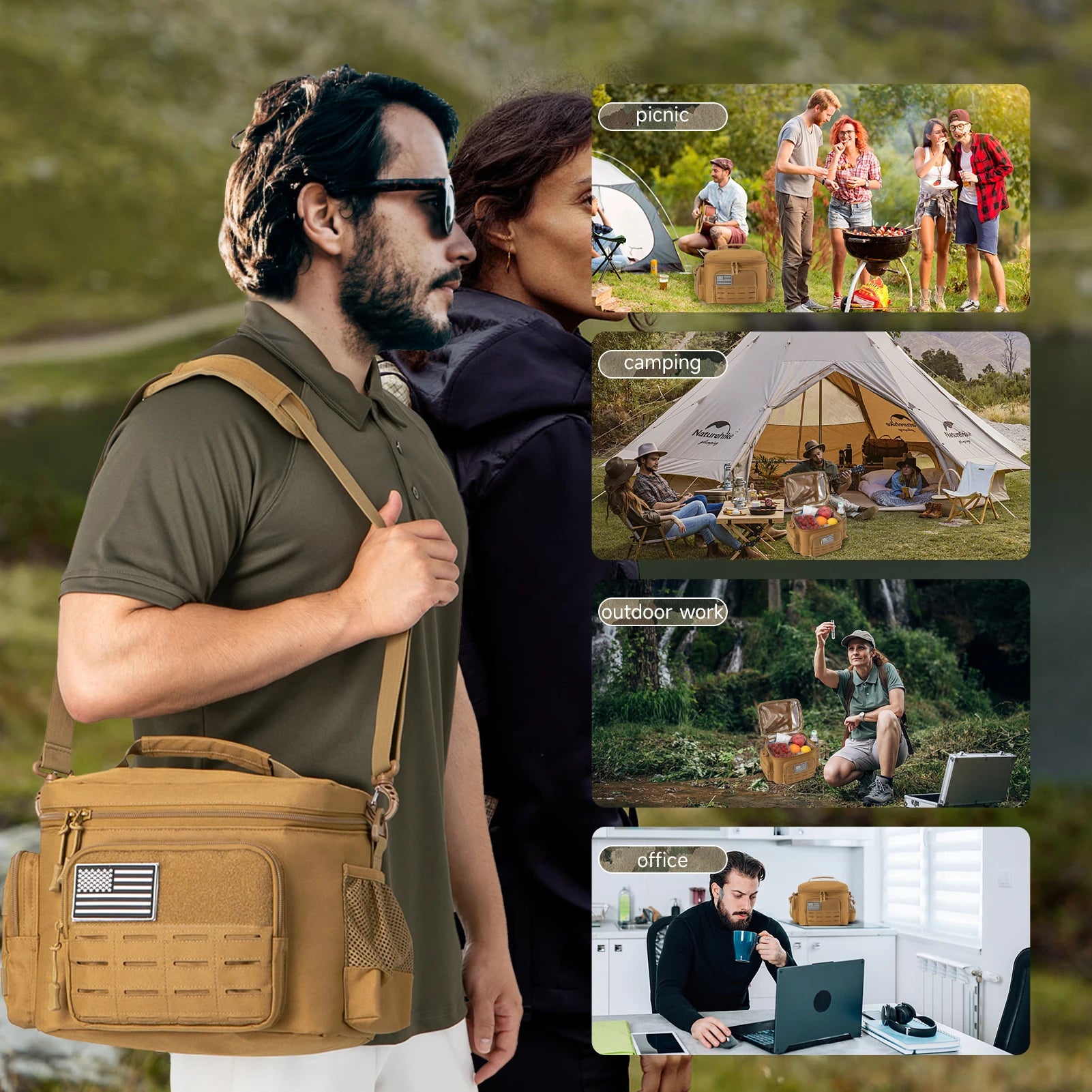 Man carrying a tan backpack with images of camping, picnics, and office work displayed.