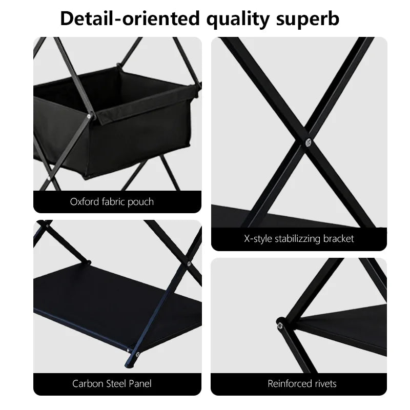 Black pouch with Oxford fabric, X-style stabilizing bracket, carbon steel panel, and reinforced rivets on a white background.