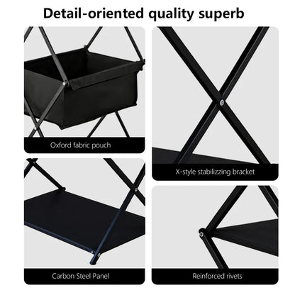 Black pouch with Oxford fabric, X-style stabilizing bracket, carbon steel panel, and reinforced rivets on a white background.